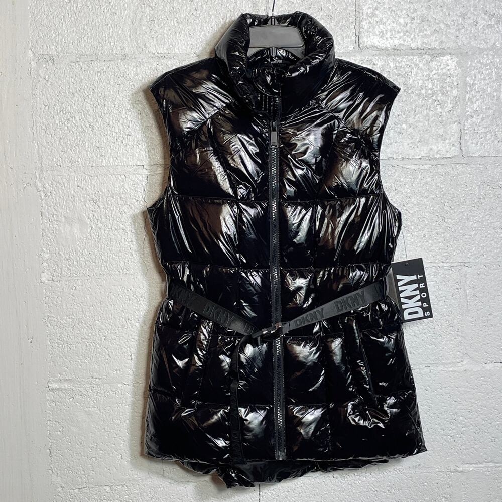 Dkny Sport Women's Puffer Zippered Vest with Removable Belt Black M